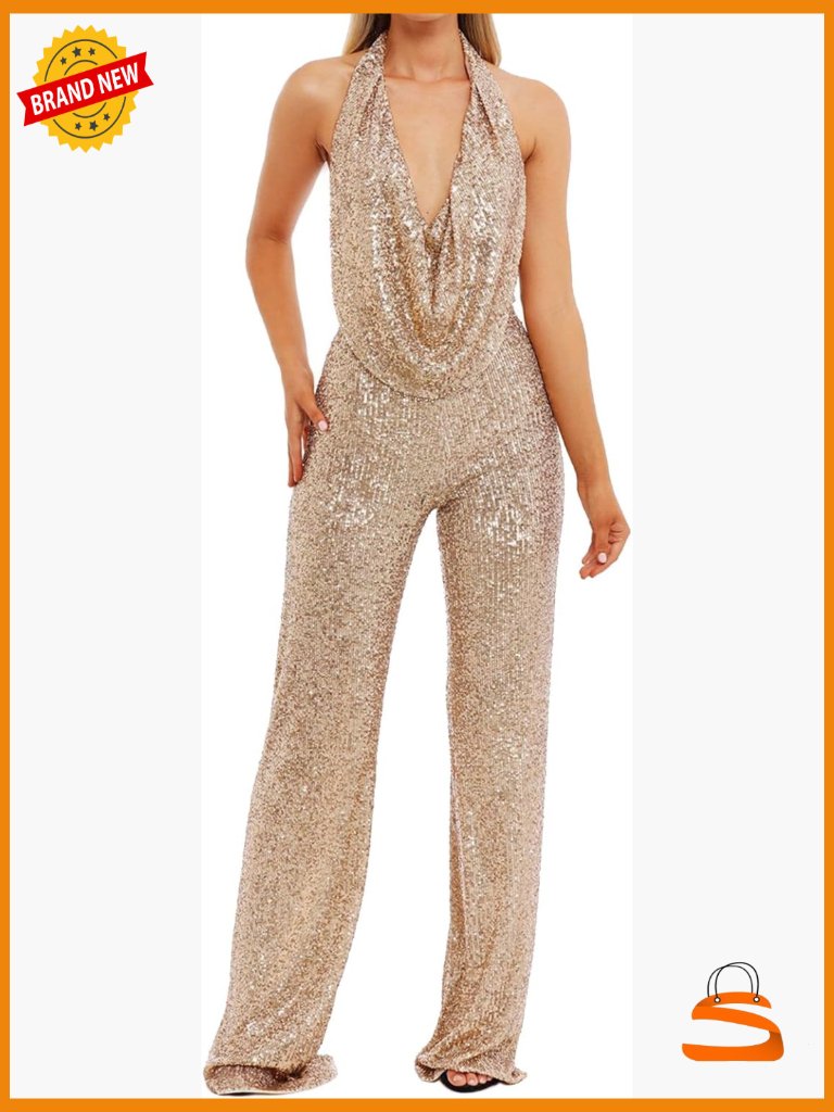Halter Neck Backless Sequin Jumpsuit Wide Leg Glitter One-Piece